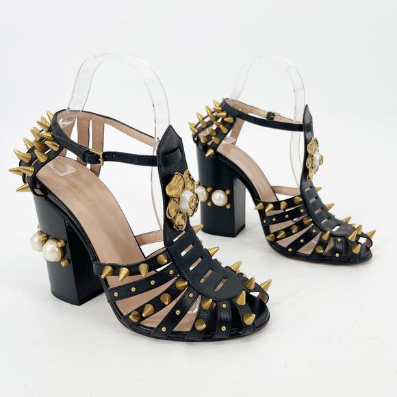 Gucci Black Leather Kendall Studded Pearl Embellished Cage Block Heels EU 39 - Picture 5 of 16